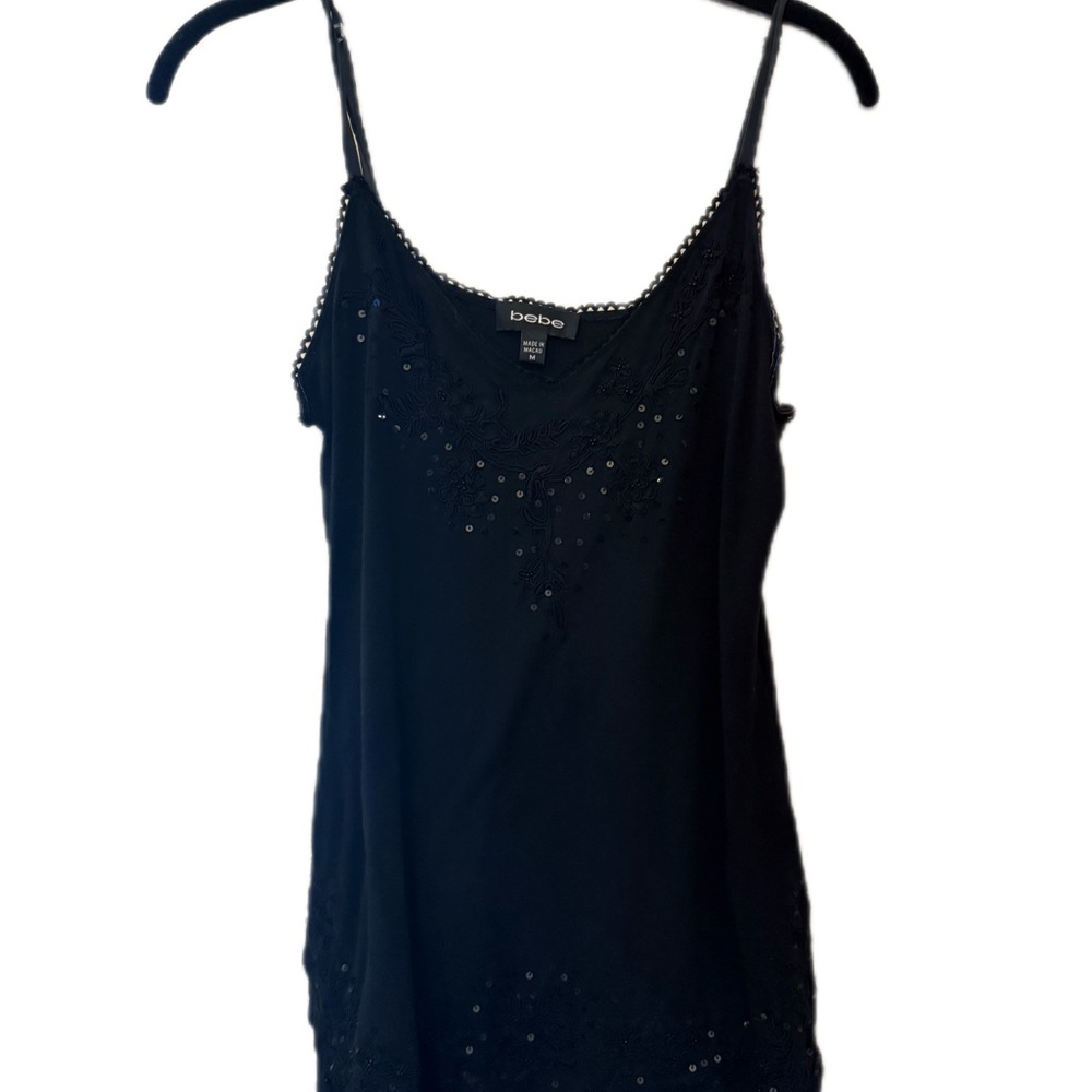 Bebe Black Sequence and Embroidered Y2K Camisole Top